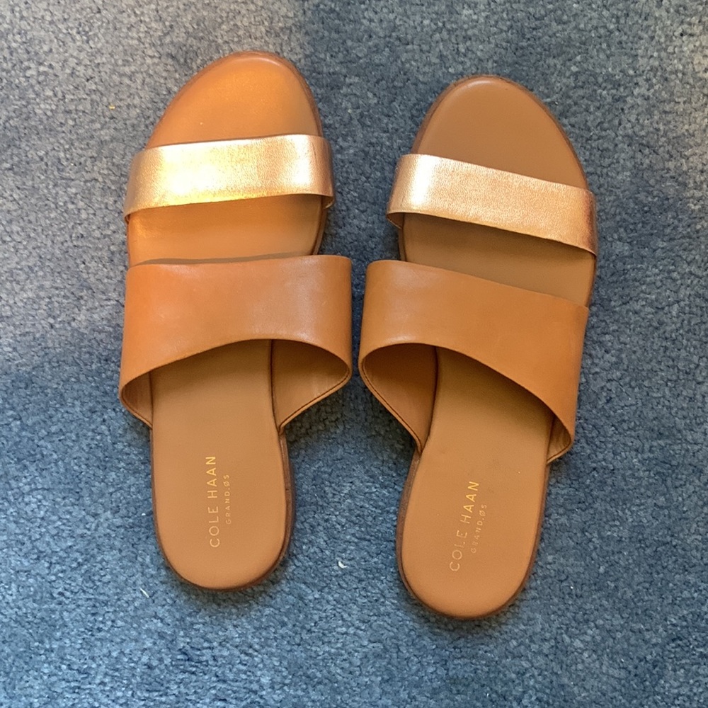 Cole Haan Tan & Gold Leather Slide Sandals